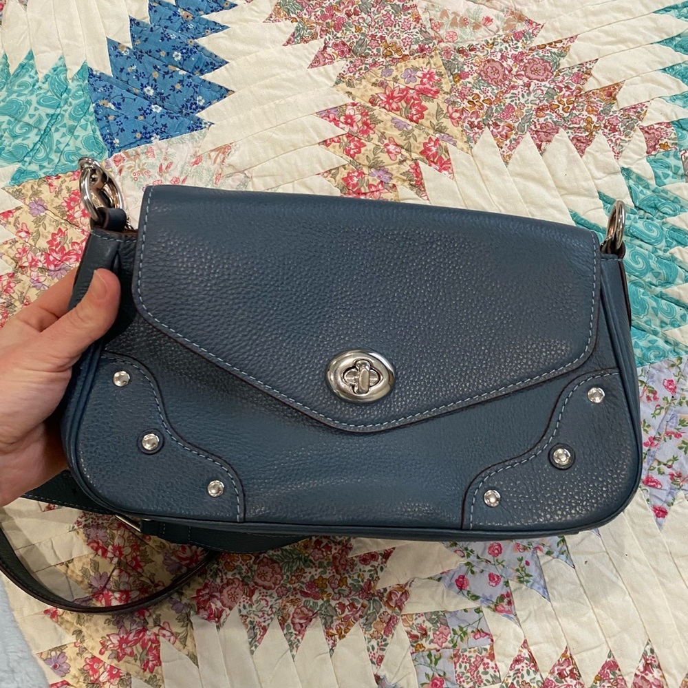 Beautiful Leather Coach Bag- Millie Crossbody Navy Blue Silver Details